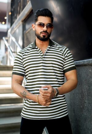 Olive Striped Half Sleeve Premium Polo T-Shirt